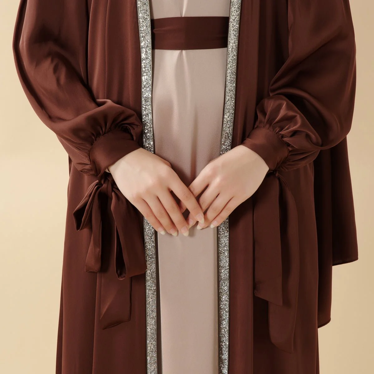 Bow Tie Sleeve Abaya Set With Long-sleeve Inner Dress (MOA026) - Image 12