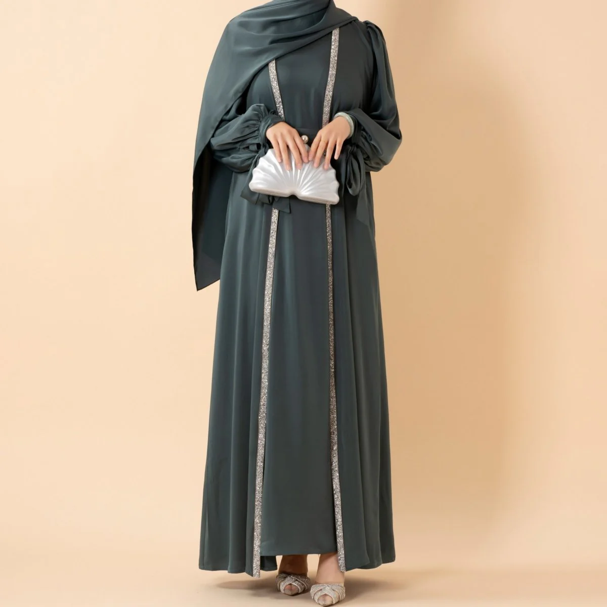Bow Tie Sleeve Abaya Set With Long-sleeve Inner Dress (MOA026) - Image 16