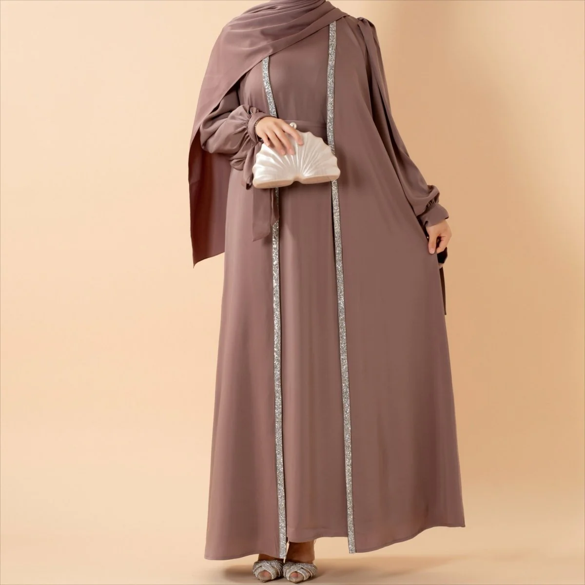 Bow Tie Sleeve Abaya Set With Long-sleeve Inner Dress (MOA026) - Image 20