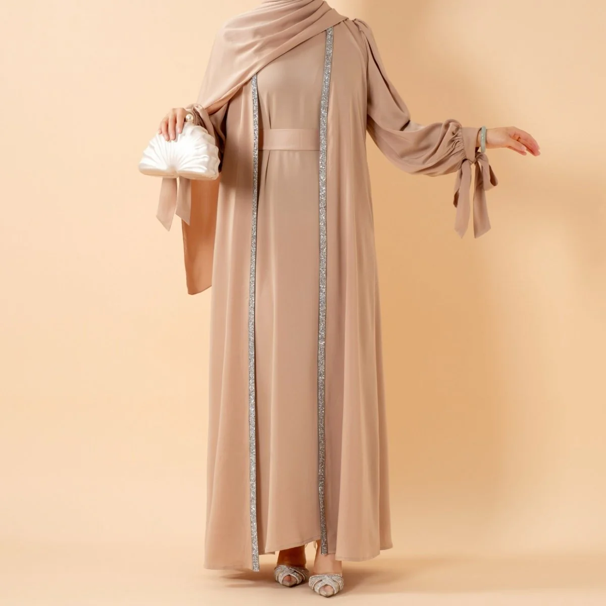 Bow Tie Sleeve Abaya Set With Long-sleeve Inner Dress (MOA026) - Image 24
