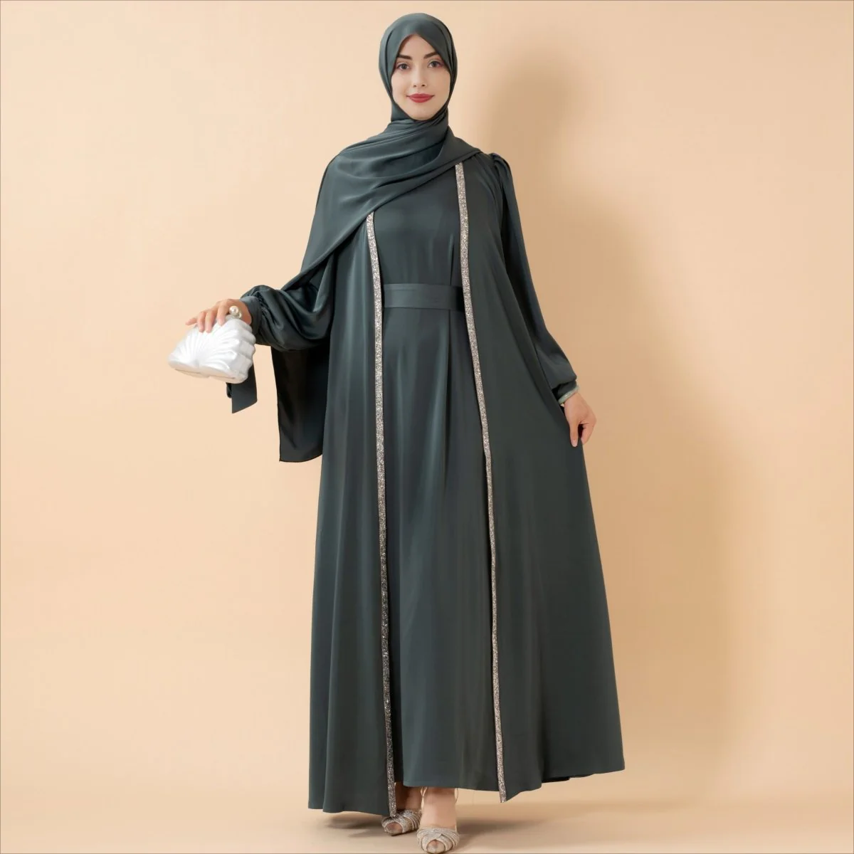 Bow Tie Sleeve Abaya Set With Long-sleeve Inner Dress (MOA026) - Image 4