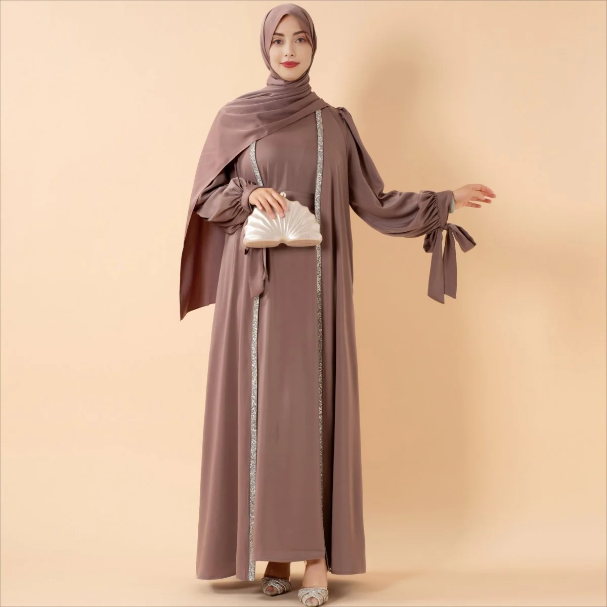 Bow Tie Sleeve Abaya Set With Long-sleeve Inner Dress (MOA026) - Image 5
