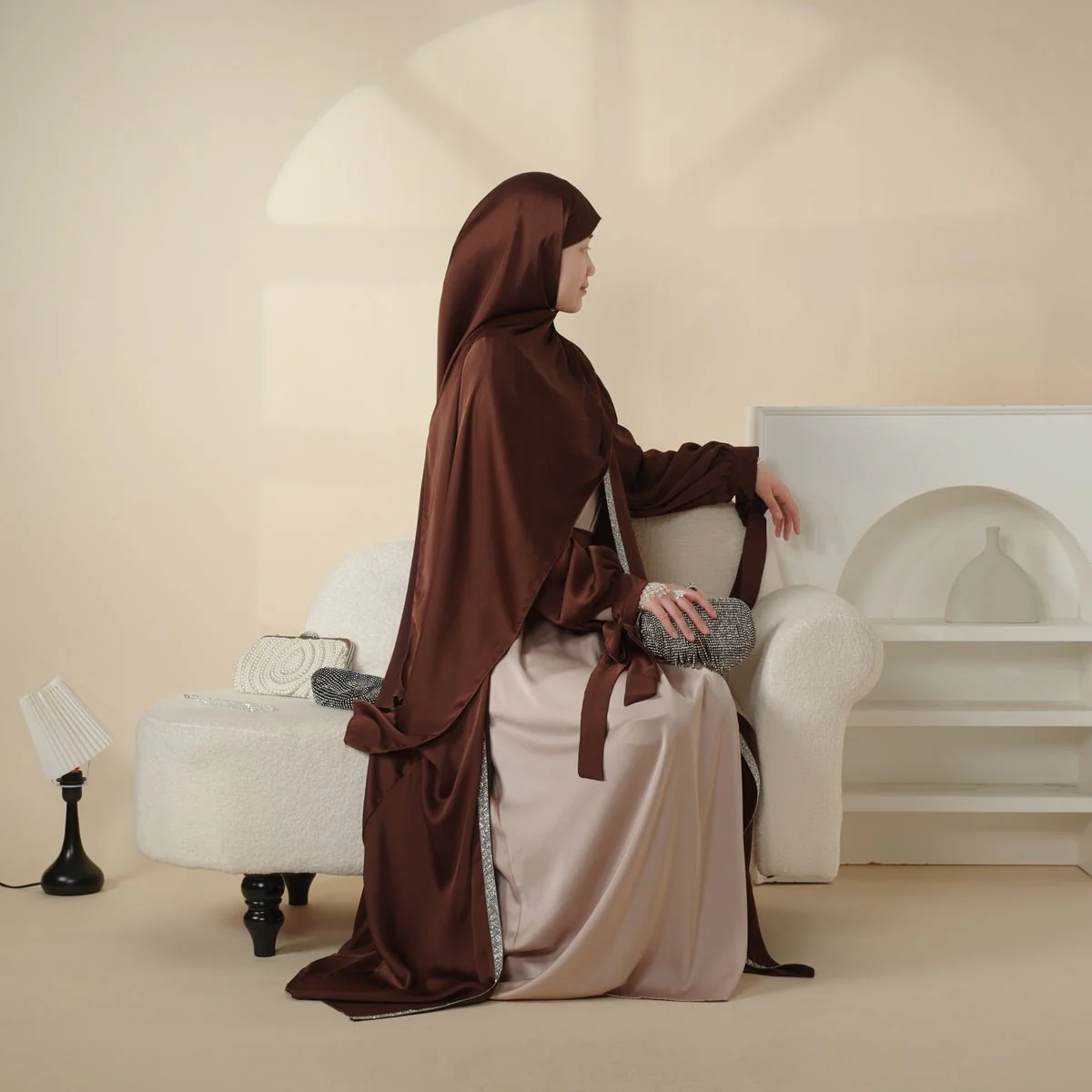 Bow Tie Sleeve Abaya Set With Long-sleeve Inner Dress (MOA026) - Image 9