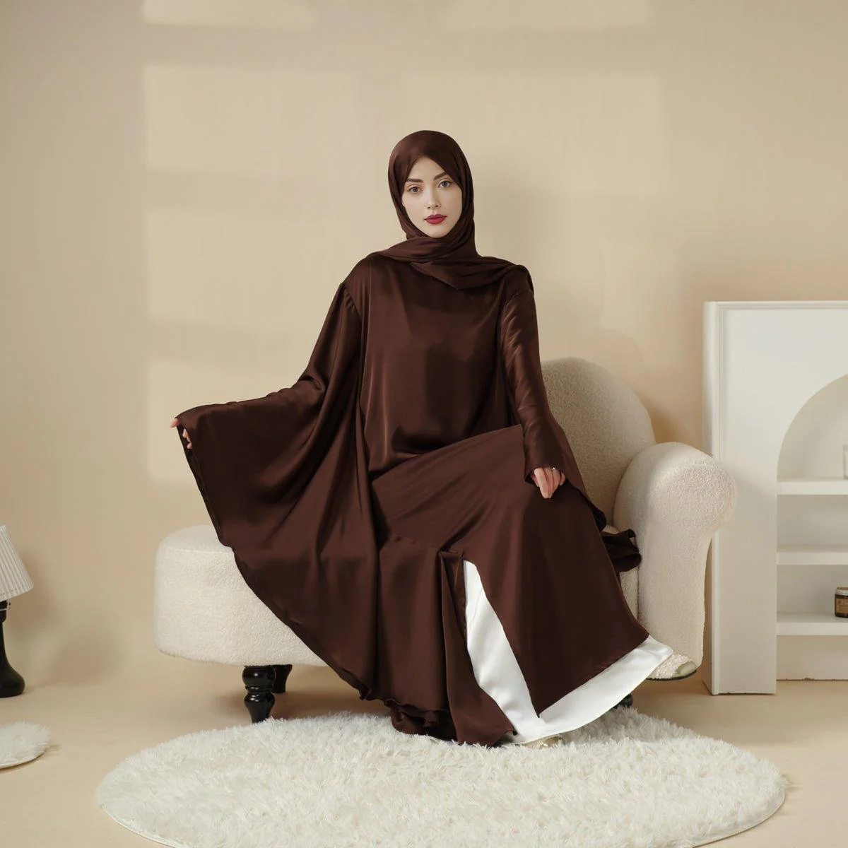 Luxury Satin Floaty Kaftan Abaya With Matching Hijab (MA054) - Image 4