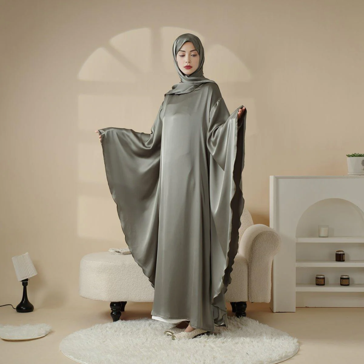 Luxury Satin Floaty Kaftan Abaya With Matching Hijab (MA054) - Image 7