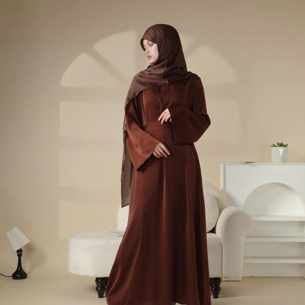 Satin Double Pocket Concealed Button Plain Abaya (MA030) - Image 4