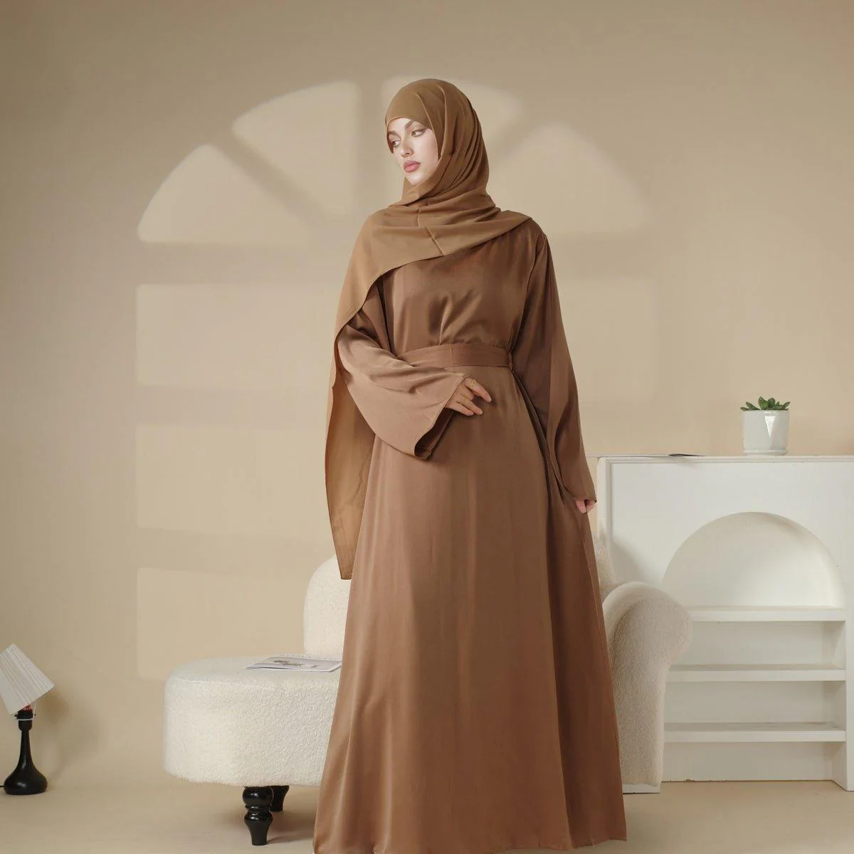 Satin Double Pocket Concealed Button Plain Abaya (MA030) - Image 5