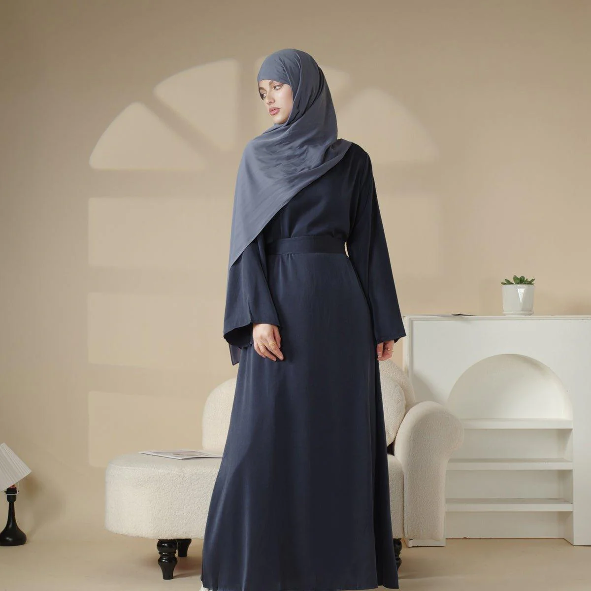 Satin Double Pocket Concealed Button Plain Abaya (MA030) - Image 6