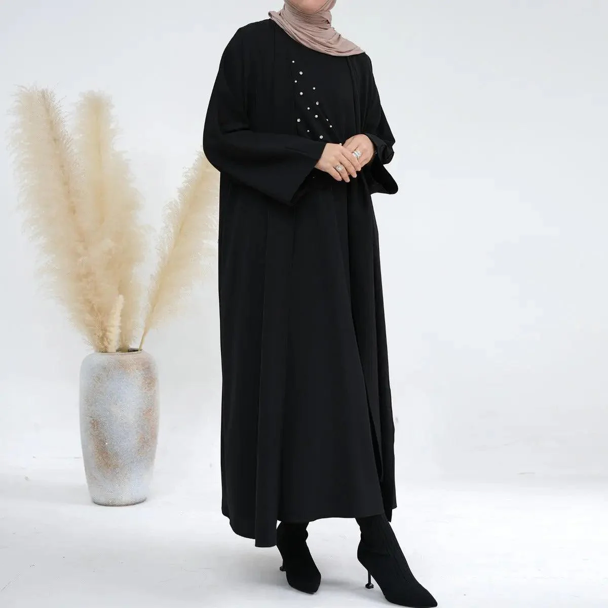 Solid Color Pearl Splice Abaya (MOA031) - Image 4
