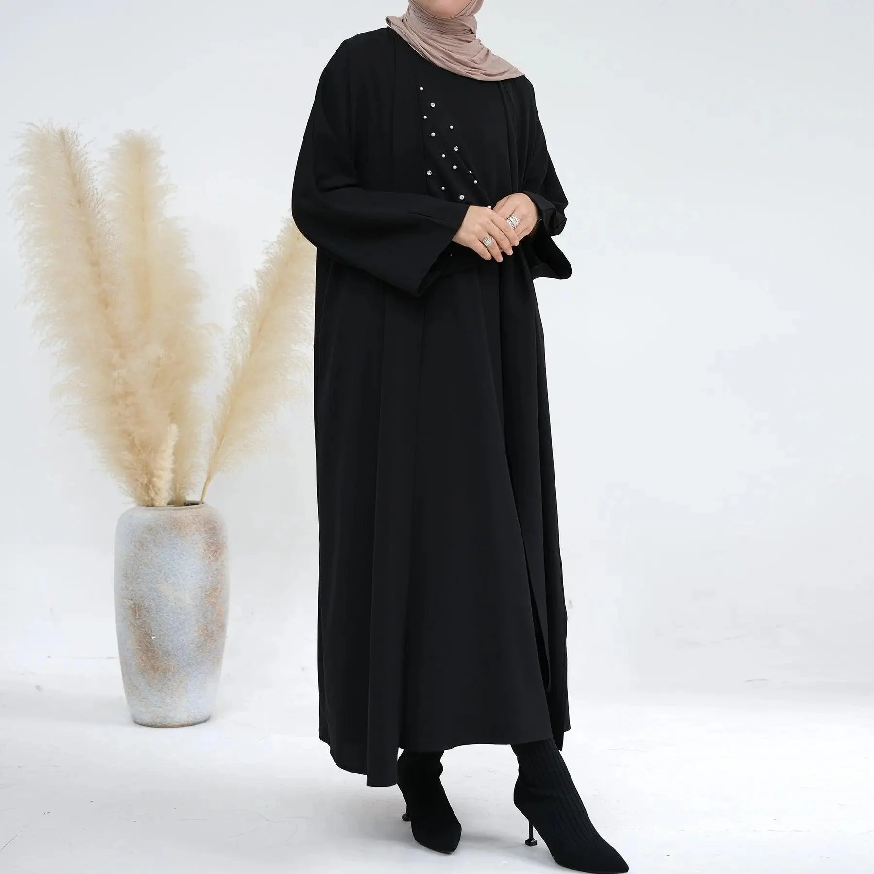 Solid Color Pearl Splice Abaya (MOA031) - Image 9