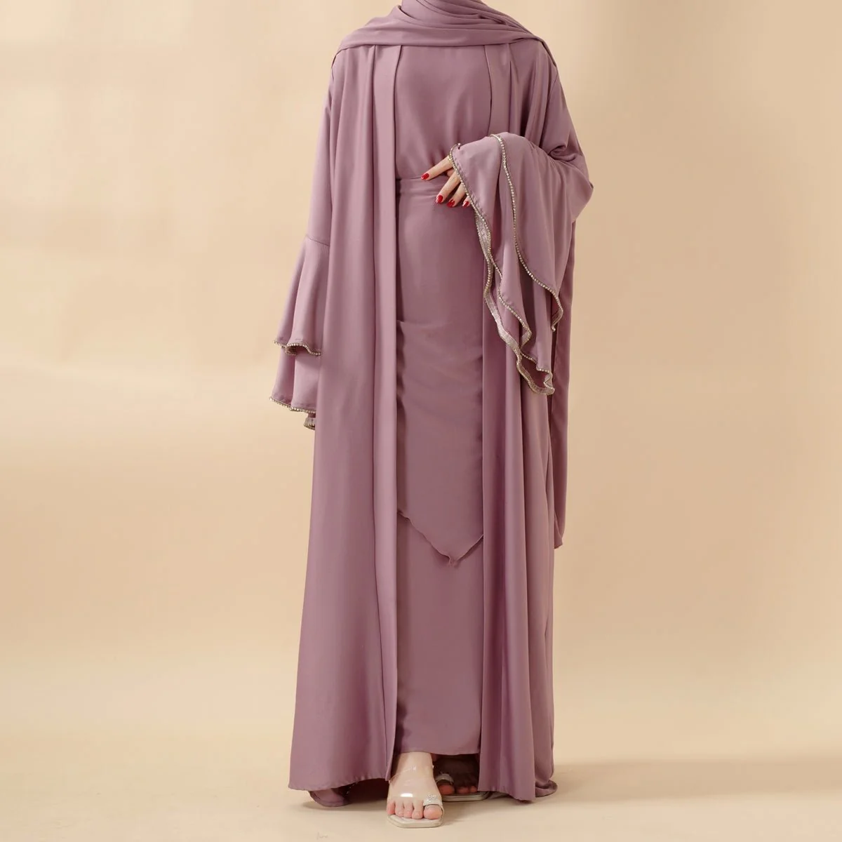 Crepe Satin Ruffle Sleeve Abaya, 5-Piece Set (MOA033) - Image 11