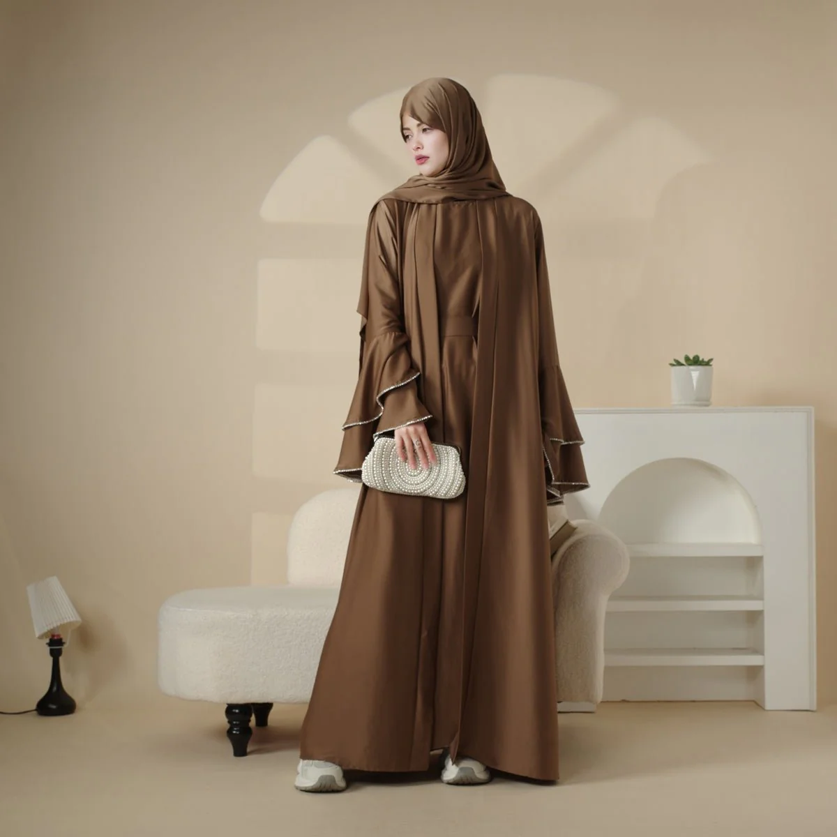 Crepe Satin Ruffle Sleeve Abaya, 5-Piece Set (MOA033) - Image 14