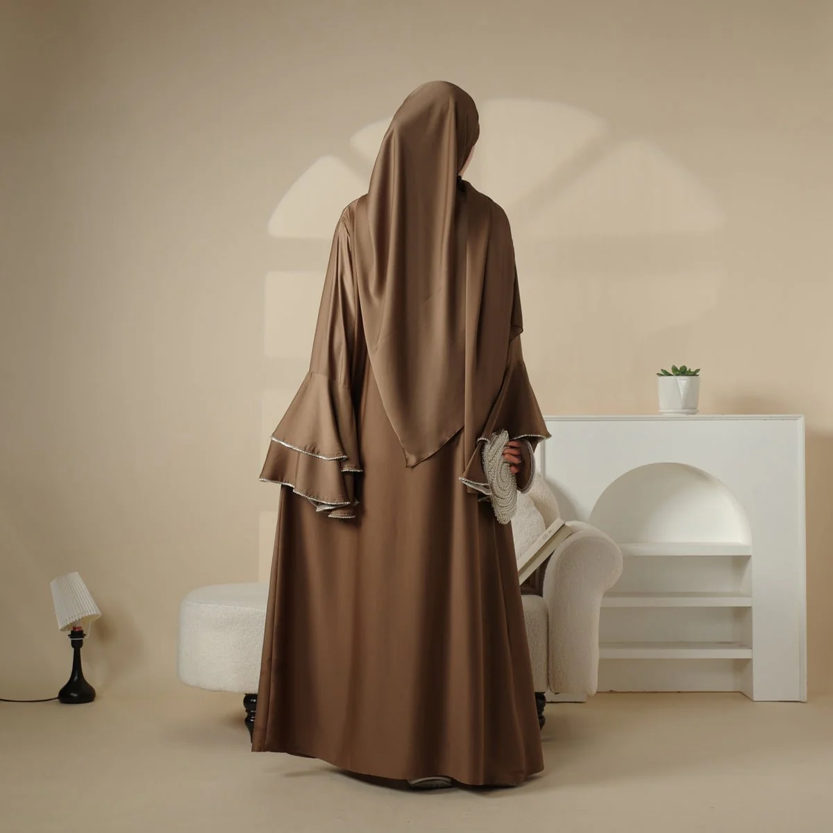 Crepe Satin Ruffle Sleeve Abaya, 5-Piece Set (MOA033) - Image 16