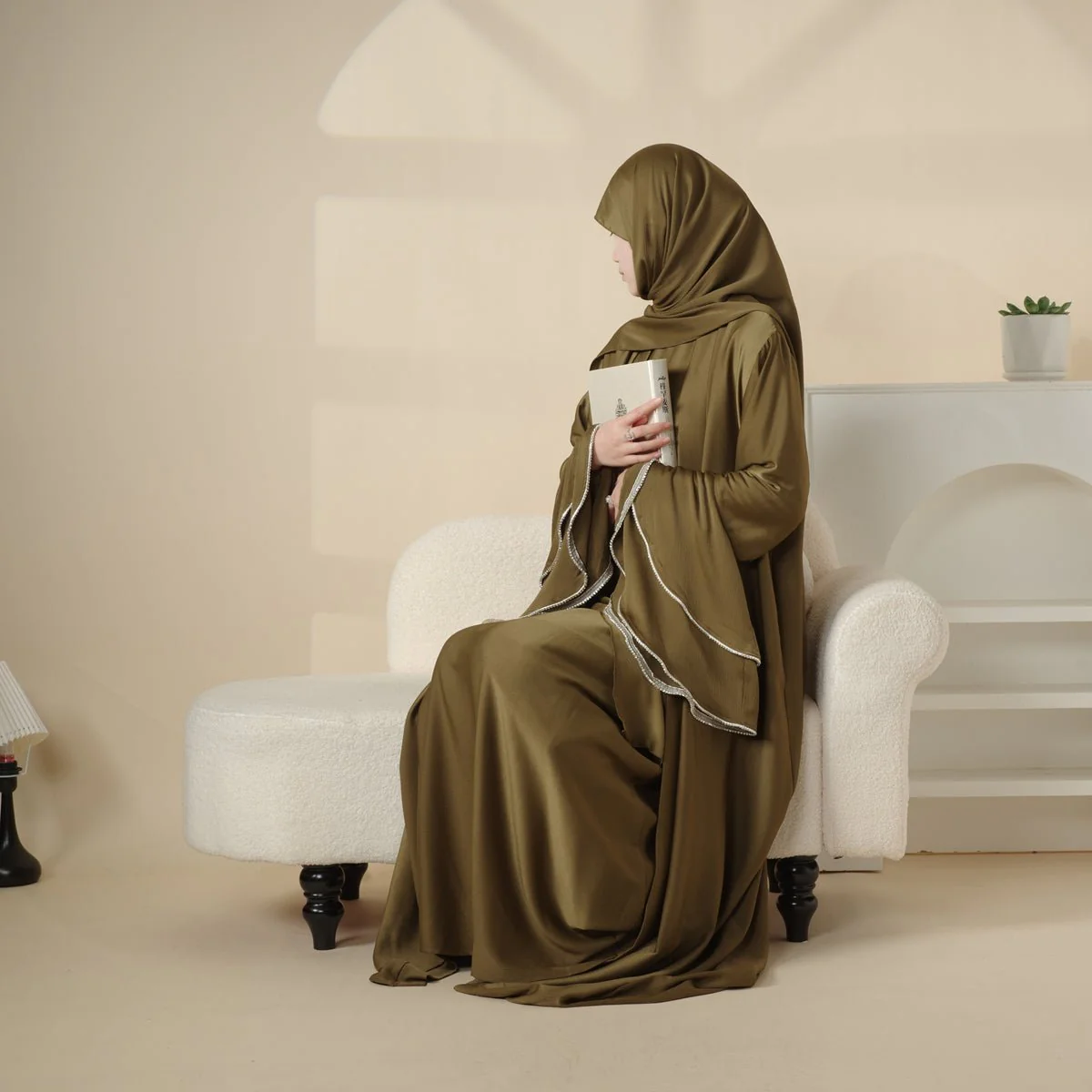 Crepe Satin Ruffle Sleeve Abaya, 5-Piece Set (MOA033) - Image 17