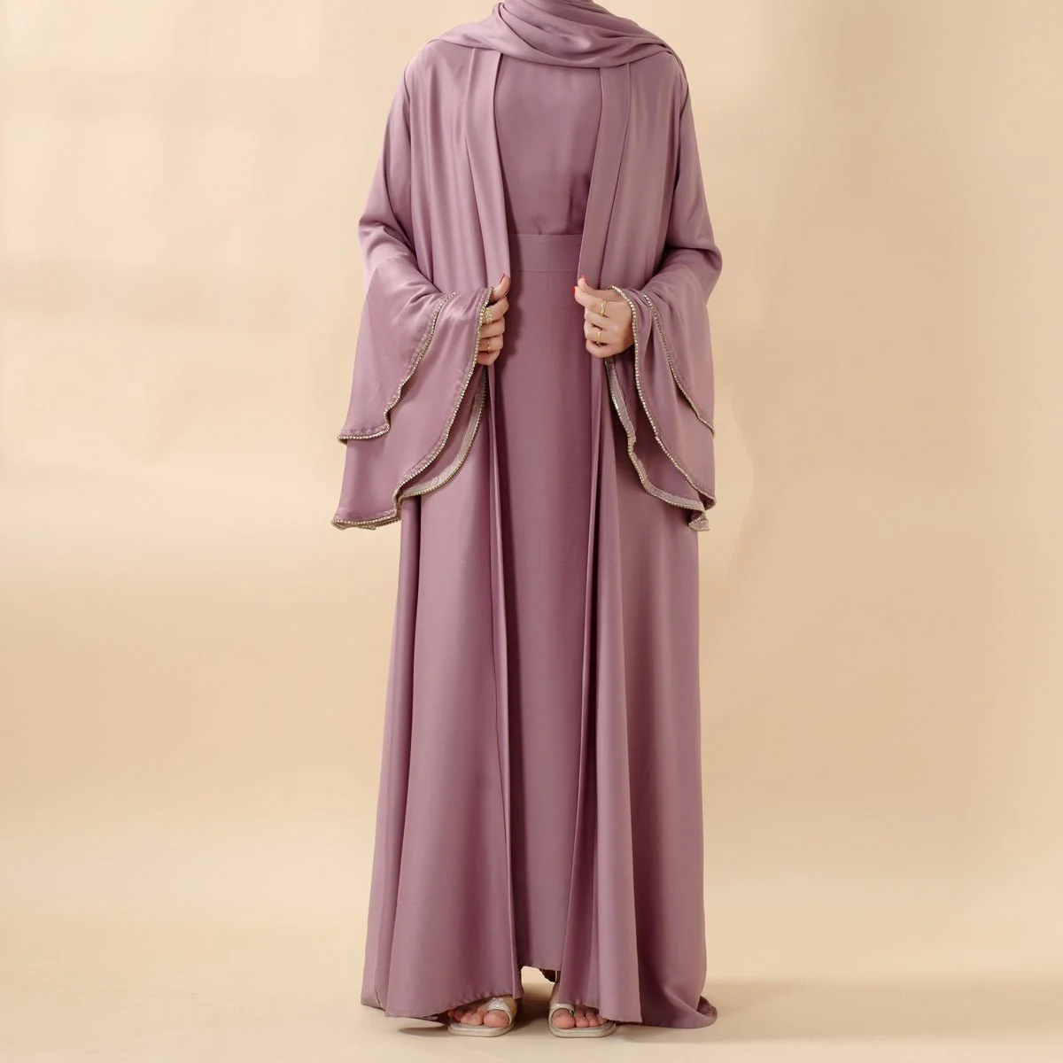 Crepe Satin Ruffle Sleeve Abaya, 5-Piece Set (MOA033) - Image 3