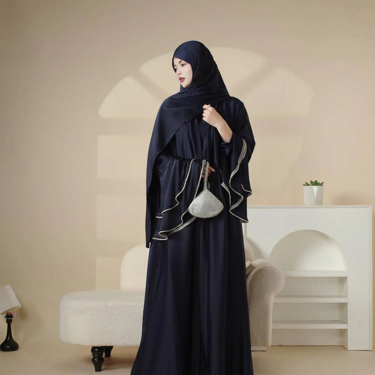 Crepe Satin Ruffle Sleeve Abaya, 5-Piece Set (MOA033) - Image 6