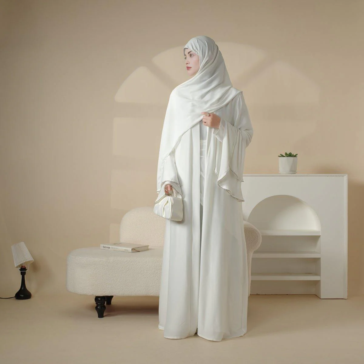 Crepe Satin Ruffle Sleeve Abaya, 5-Piece Set (MOA033) - Image 8