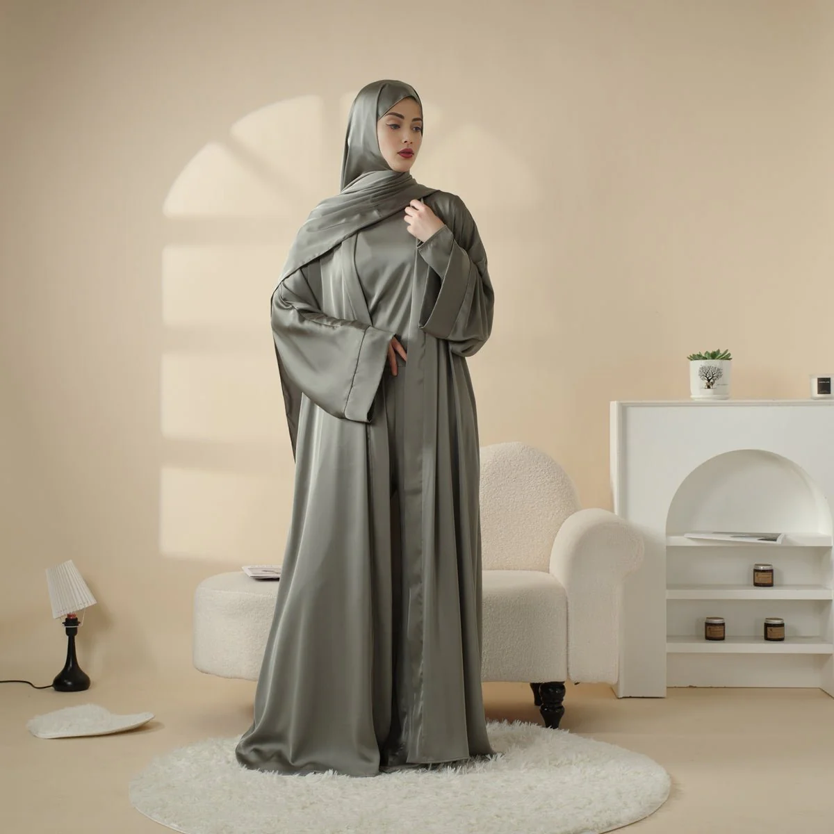 Luxury Satin Modest Abaya Set 4-Piece – Elegant Open Abaya, Top, Pants & Matching Hijab(MOA034) - Image 11
