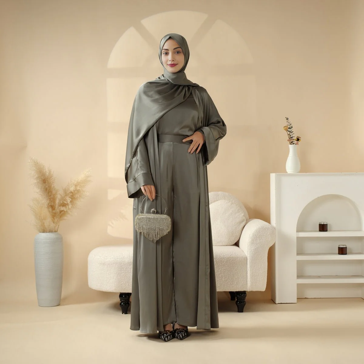 Luxury Satin Modest Abaya Set 4-Piece – Elegant Open Abaya, Top, Pants & Matching Hijab(MOA034) - Image 3