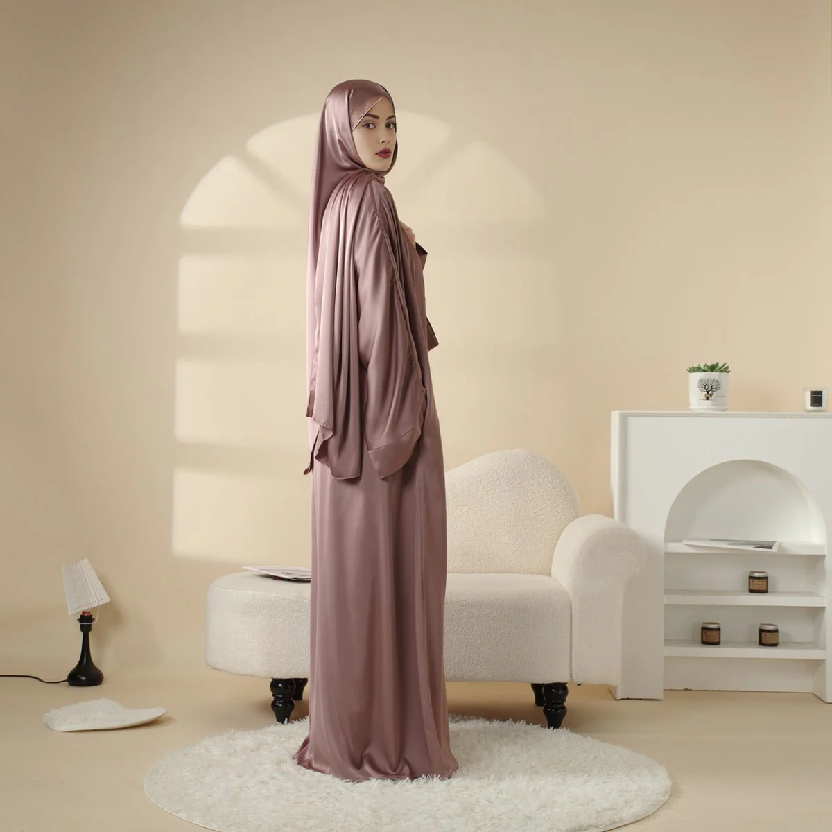Luxury Satin Modest Abaya Set 4-Piece – Elegant Open Abaya, Top, Pants & Matching Hijab(MOA034) - Image 7
