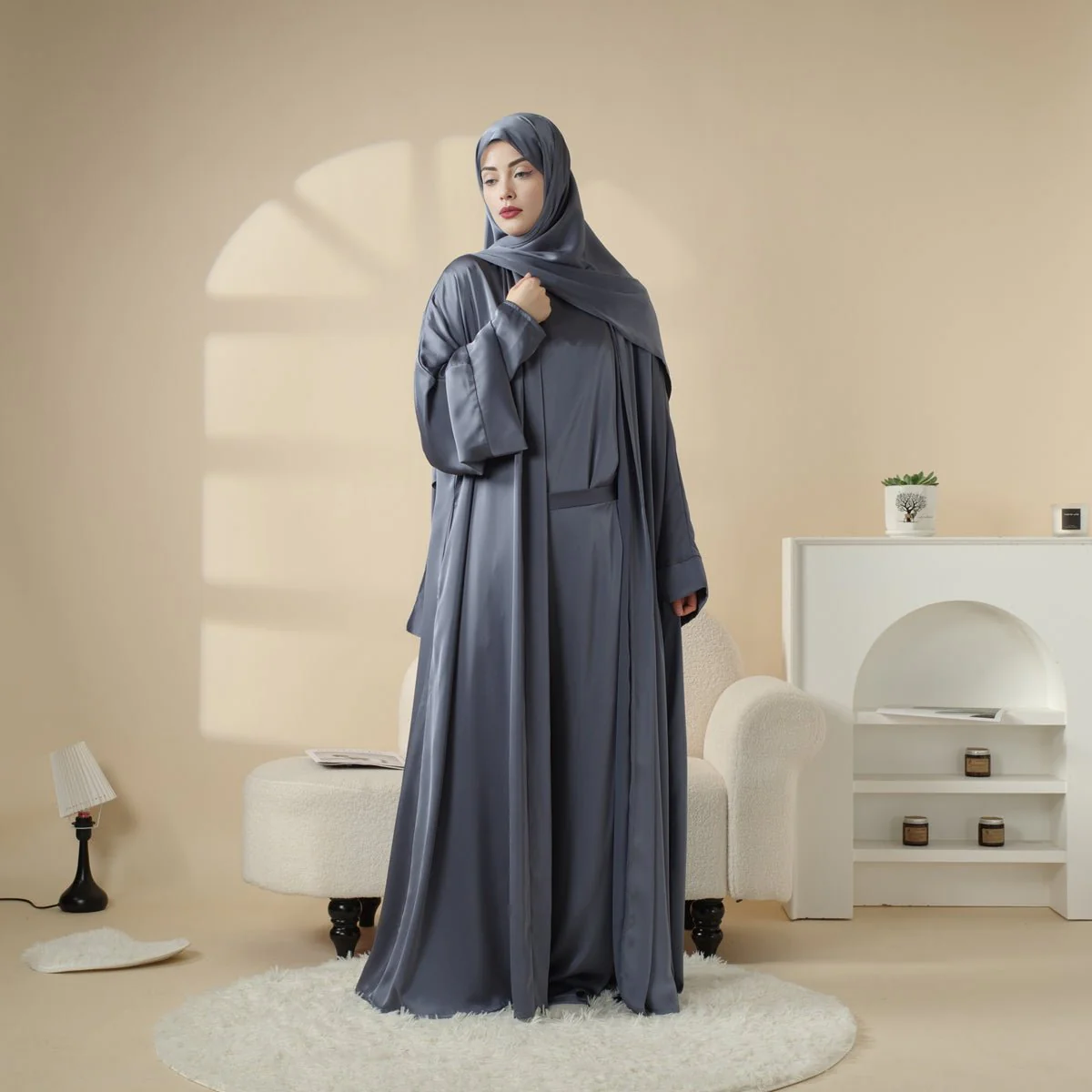 Luxury Satin Modest Abaya Set 4-Piece – Elegant Open Abaya, Top, Pants & Matching Hijab(MOA034) - Image 9