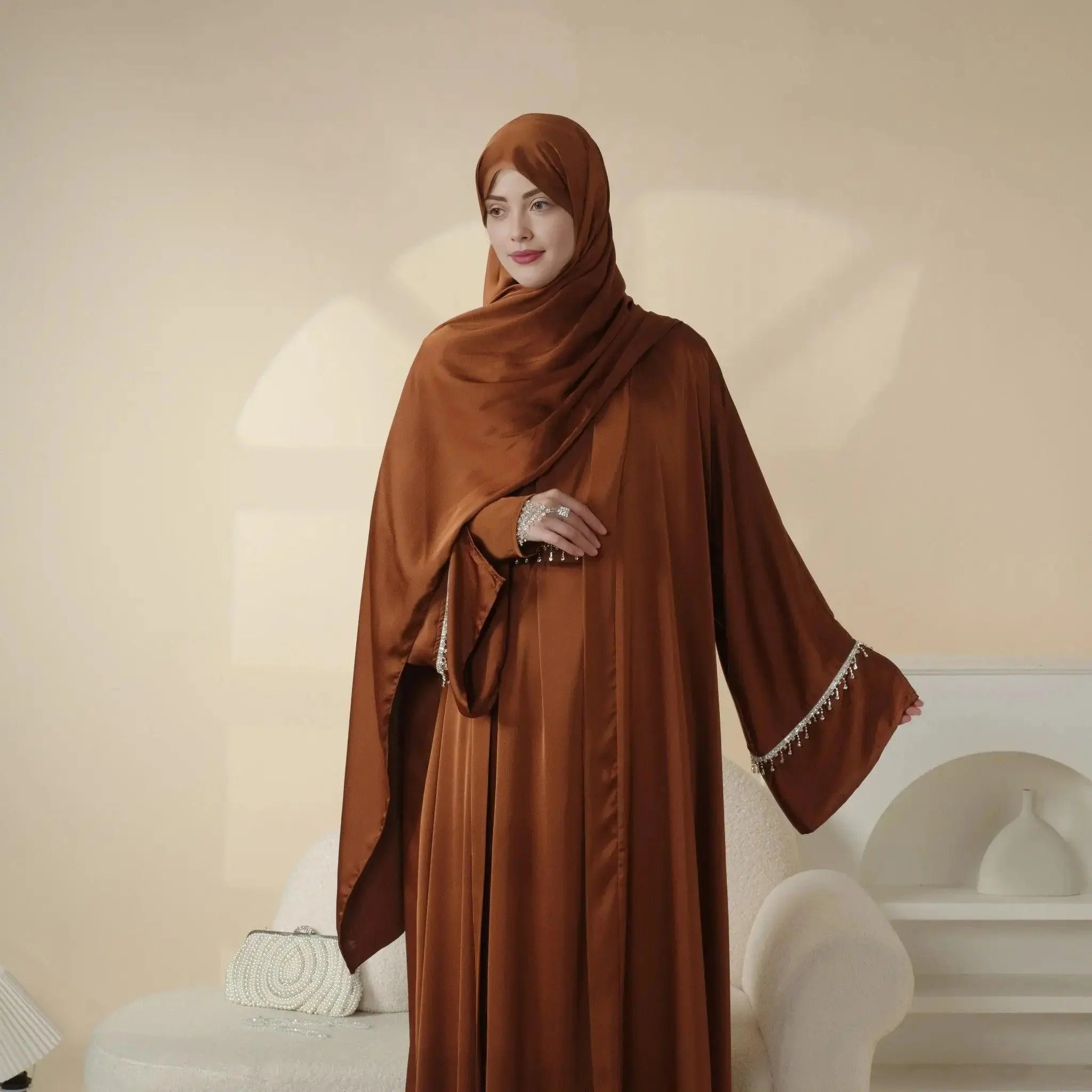 Luxury Satin Abaya With Diamond Tassels Belt,  6-Piece Set (MOA041) - Image 10