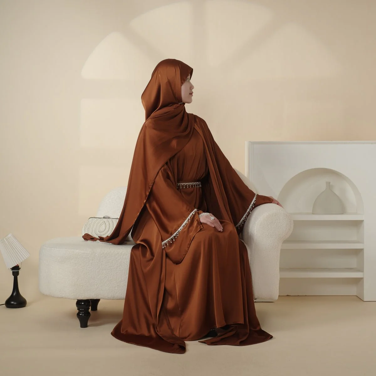 Luxury Satin Abaya With Diamond Tassels Belt,  6-Piece Set (MOA041) - Image 11