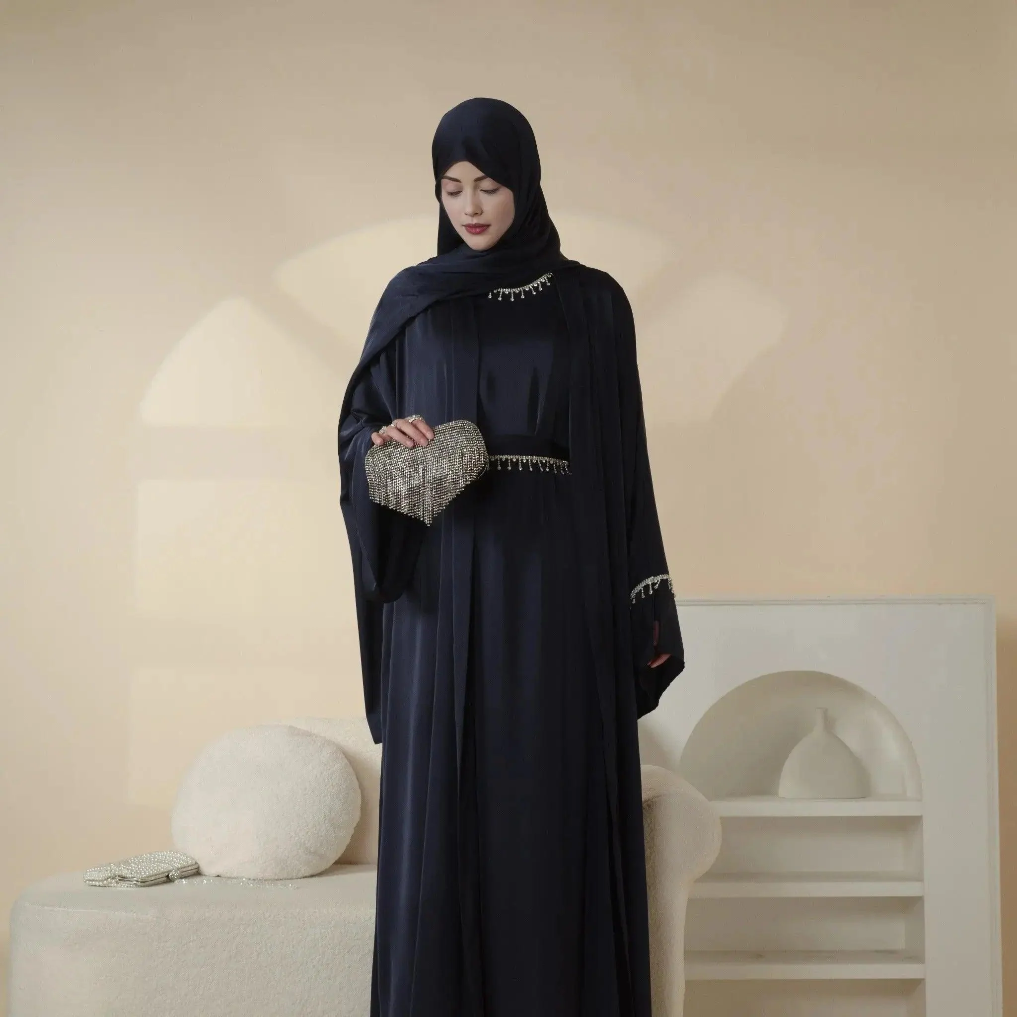 Luxury Satin Abaya With Diamond Tassels Belt,  6-Piece Set (MOA041) - Image 15