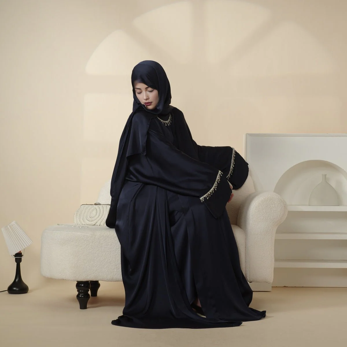 Luxury Satin Abaya With Diamond Tassels Belt,  6-Piece Set (MOA041) - Image 16