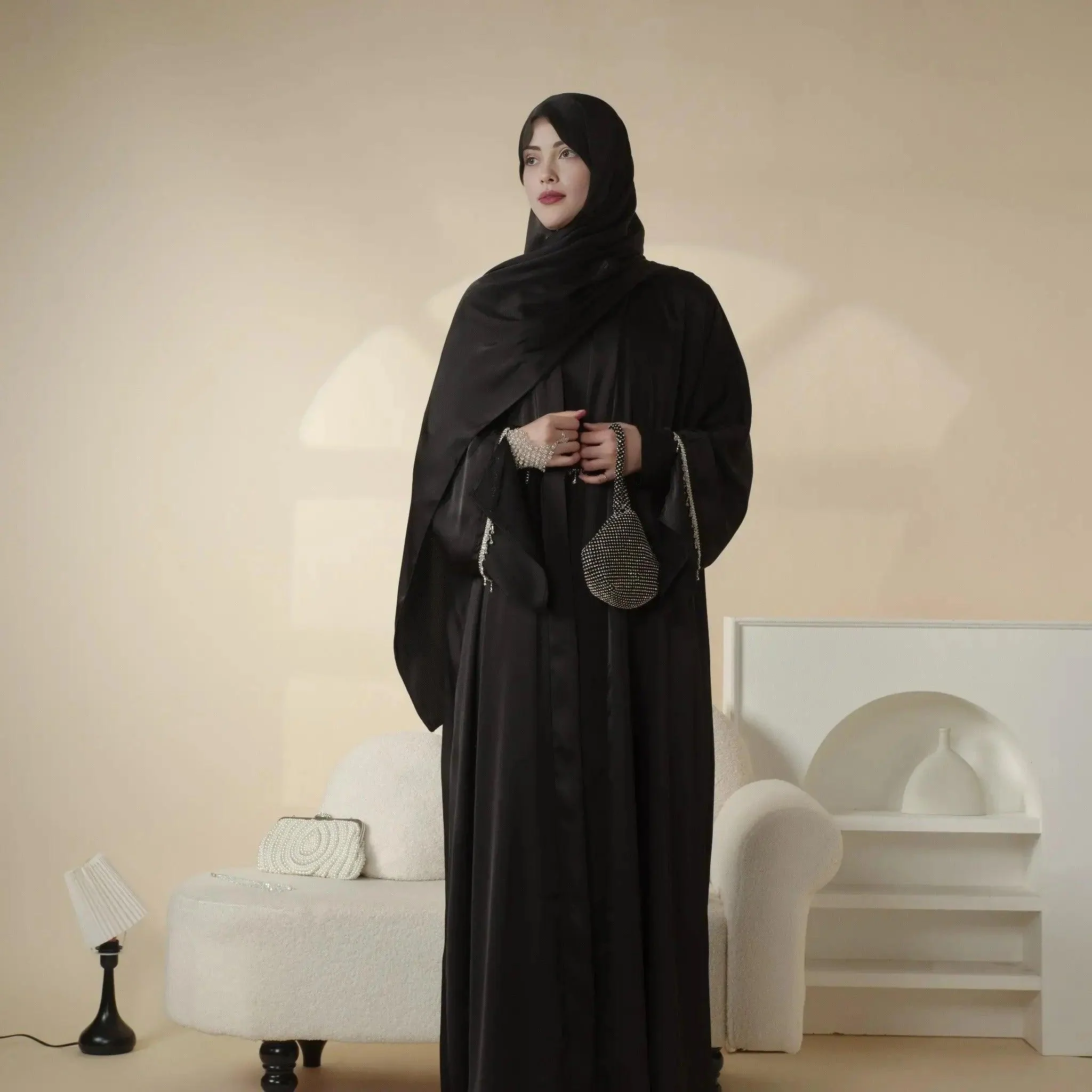Luxury Satin Abaya With Diamond Tassels Belt,  6-Piece Set (MOA041) - Image 20