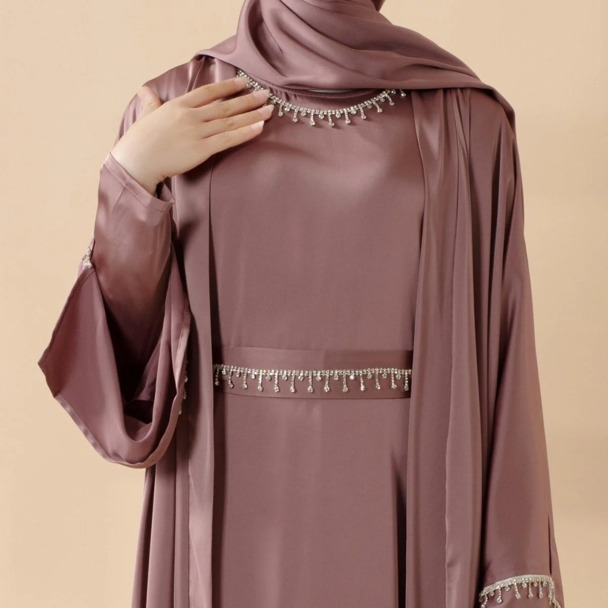 Luxury Satin Abaya With Diamond Tassels Belt,  6-Piece Set (MOA041) - Image 4