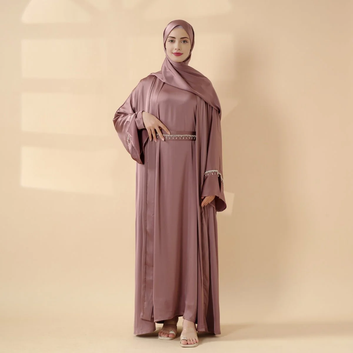 Luxury Satin Abaya With Diamond Tassels Belt,  6-Piece Set (MOA041) - Image 7