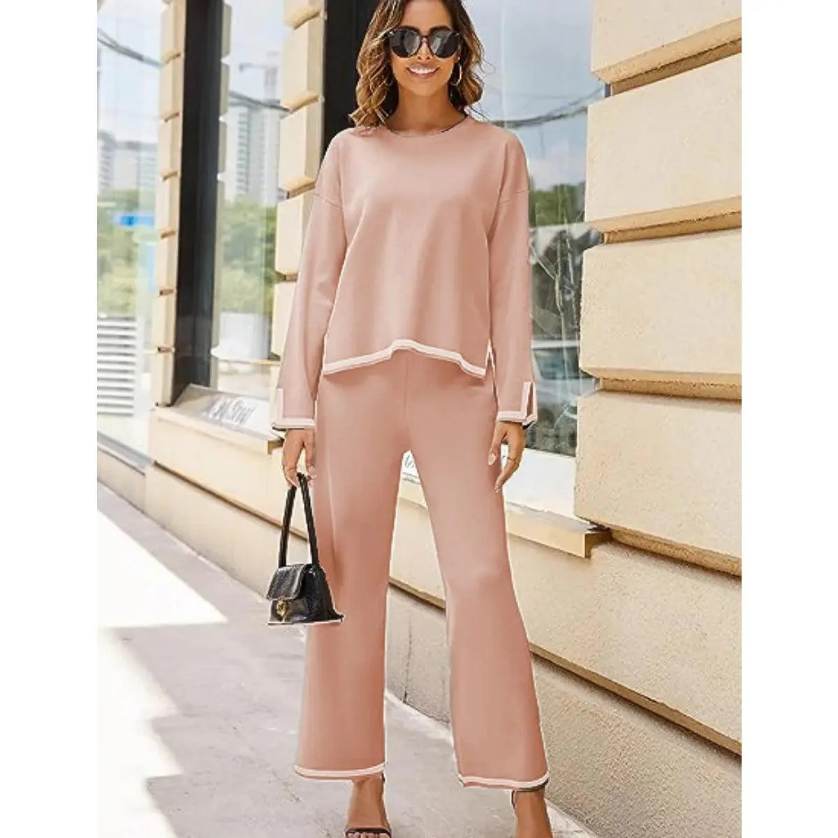 MS003 2 Piece Outfits Long Sleeve Knit Sweater Top Wide Leg Pants Lounge Sets - Image 10
