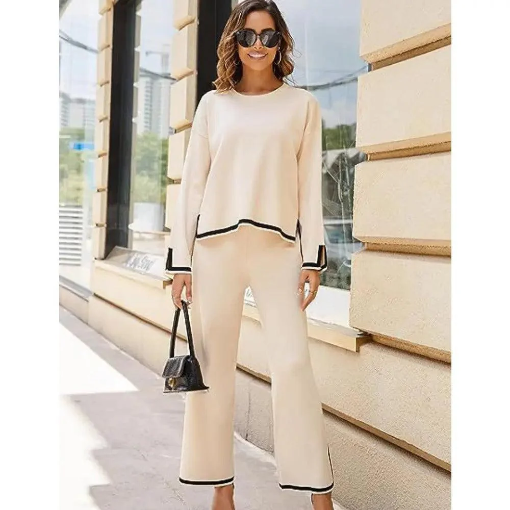 MS003 2 Piece Outfits Long Sleeve Knit Sweater Top Wide Leg Pants Lounge Sets - Image 12