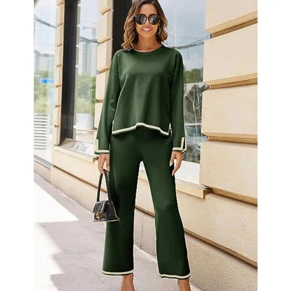 MS003 2 Piece Outfits Long Sleeve Knit Sweater Top Wide Leg Pants Lounge Sets - Image 13