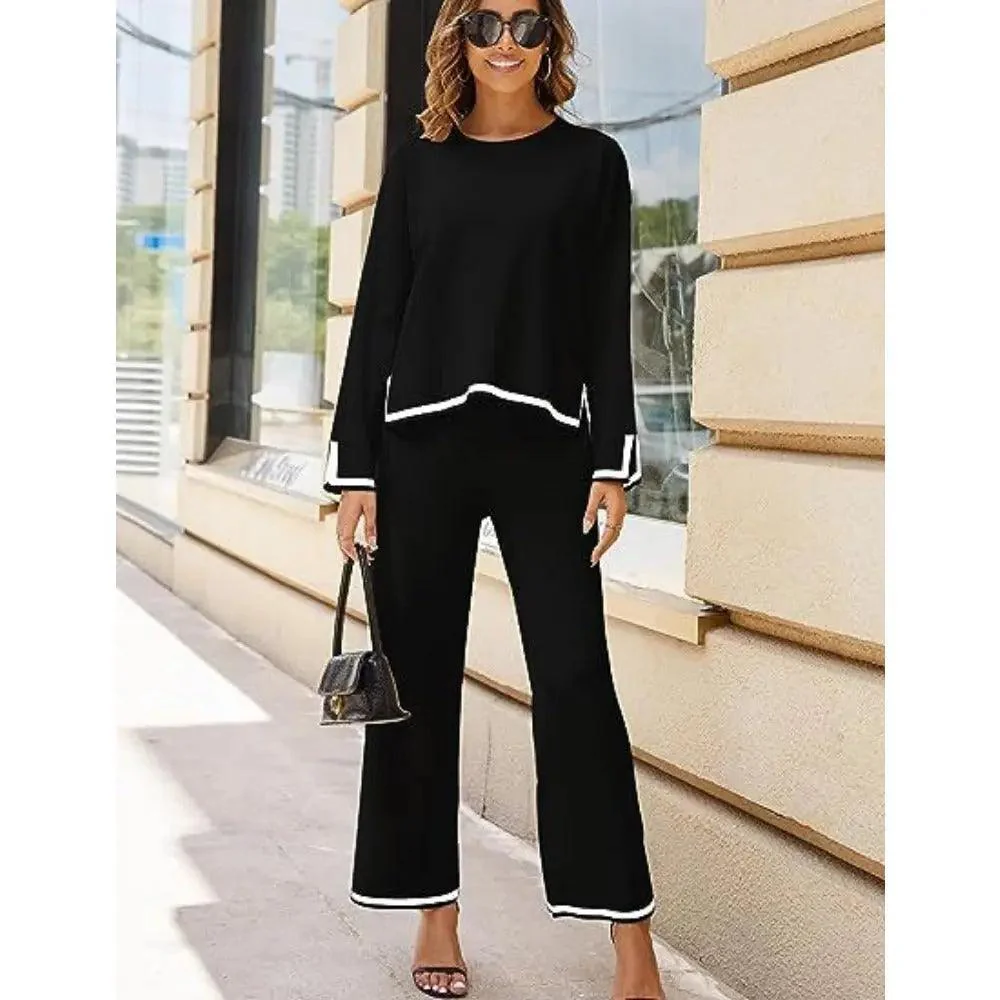 MS003 2 Piece Outfits Long Sleeve Knit Sweater Top Wide Leg Pants Lounge Sets - Image 14
