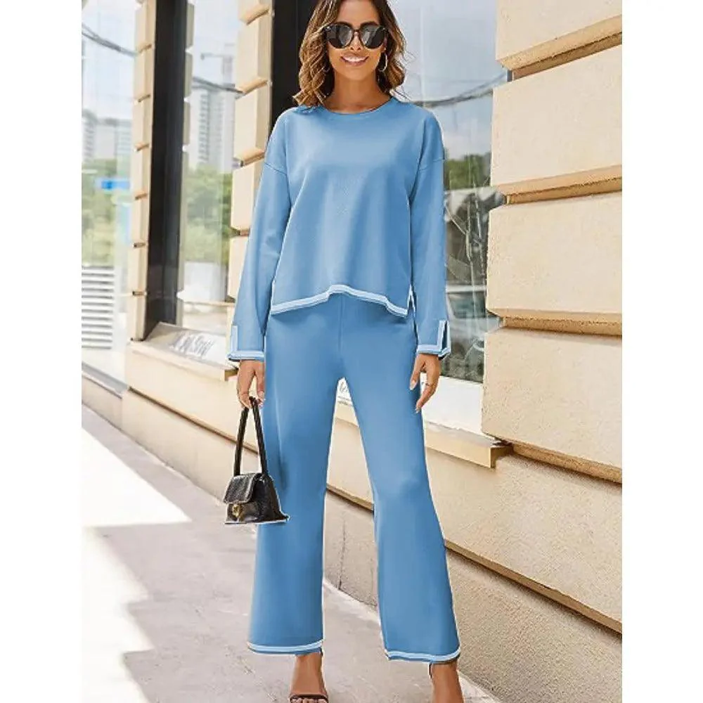 MS003 2 Piece Outfits Long Sleeve Knit Sweater Top Wide Leg Pants Lounge Sets - Image 17