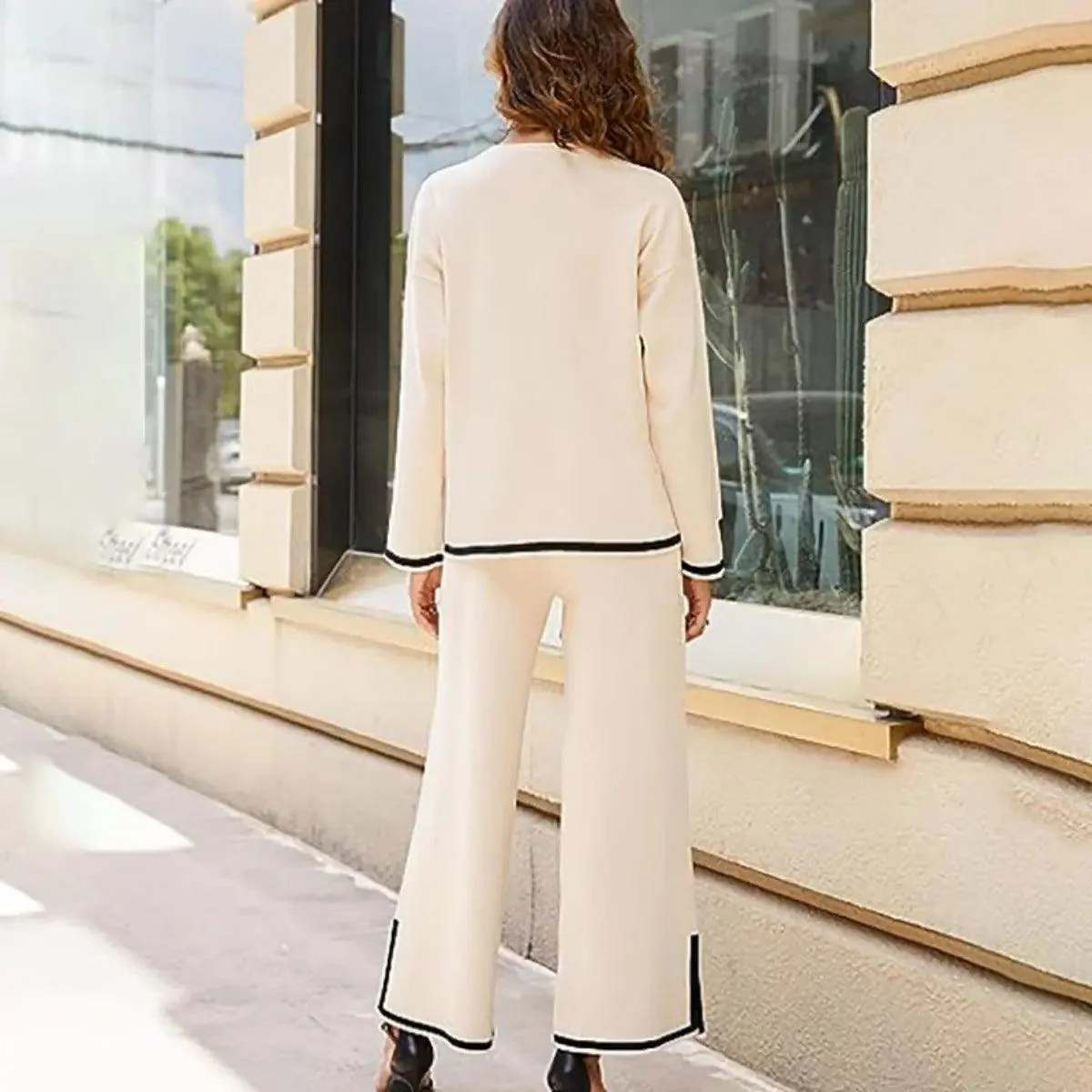MS003 2 Piece Outfits Long Sleeve Knit Sweater Top Wide Leg Pants Lounge Sets - Image 4