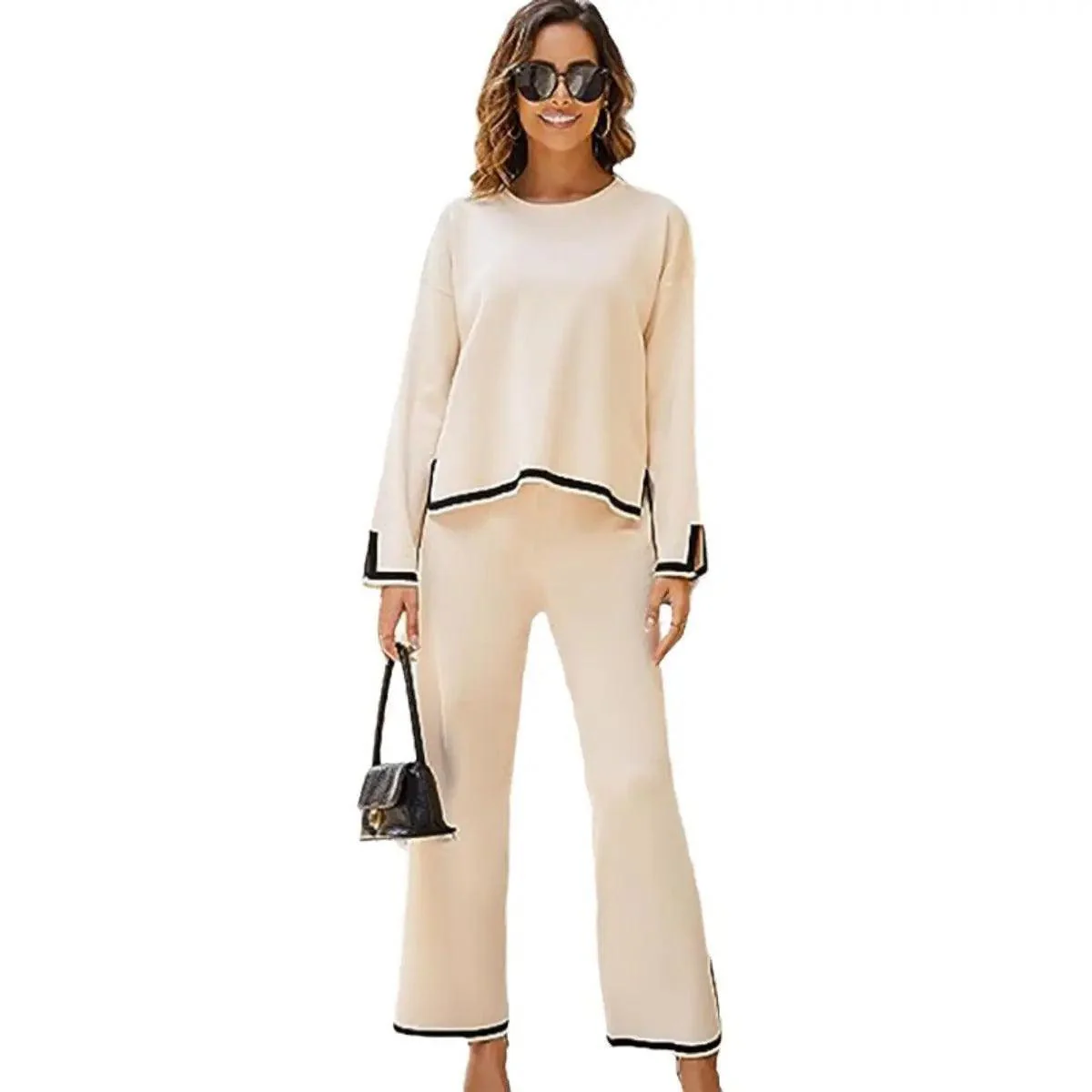 MS003 2 Piece Outfits Long Sleeve Knit Sweater Top Wide Leg Pants Lounge Sets - Image 5