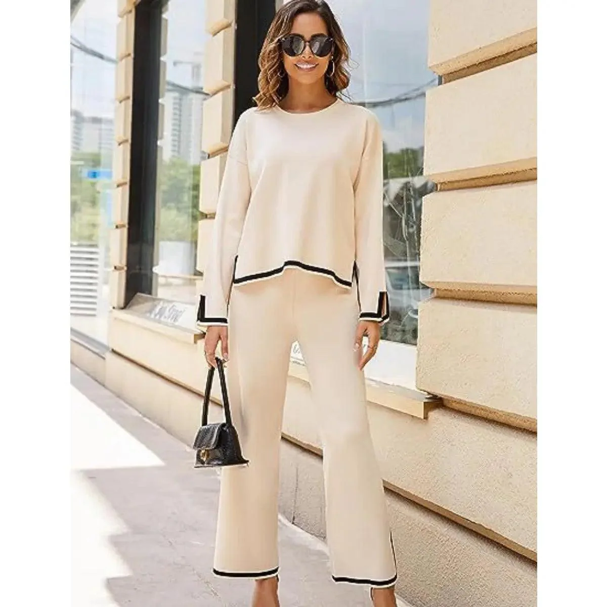 MS003 2 Piece Outfits Long Sleeve Knit Sweater Top Wide Leg Pants Lounge Sets - Image 6