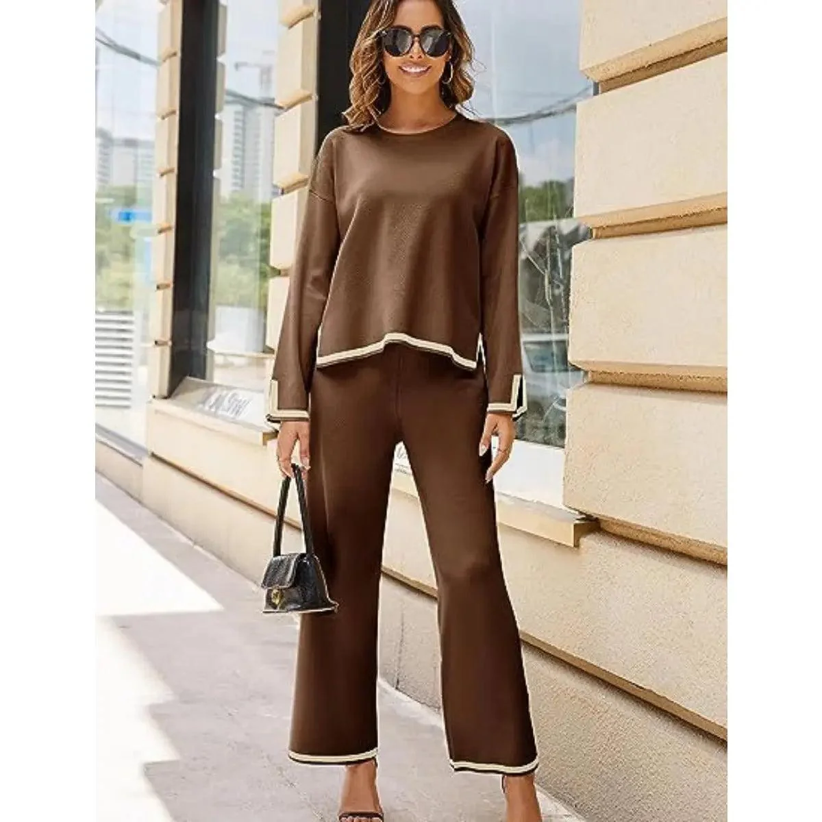 MS003 2 Piece Outfits Long Sleeve Knit Sweater Top Wide Leg Pants Lounge Sets - Image 9