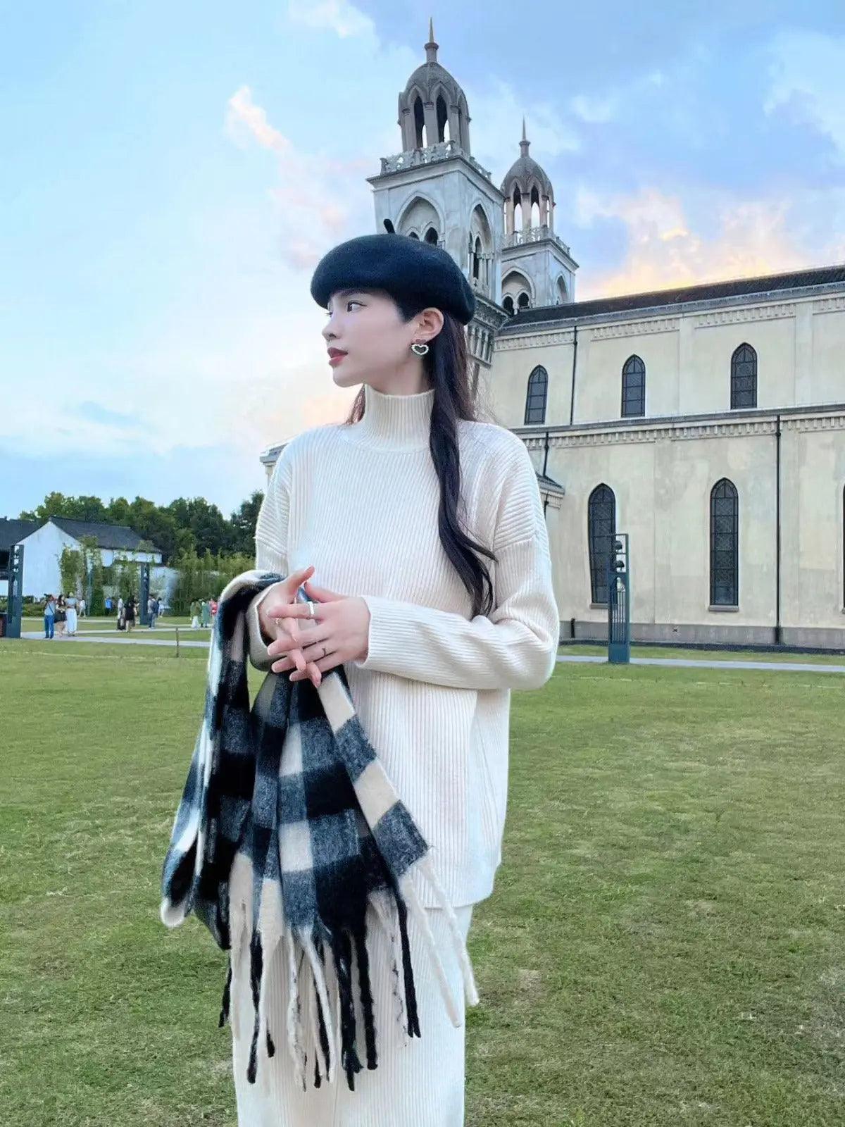 MS018 2 Piece Outfits Casual Loose Turtleneck Long Sleeve Knit Top and Wide Leg Pants - Image 10