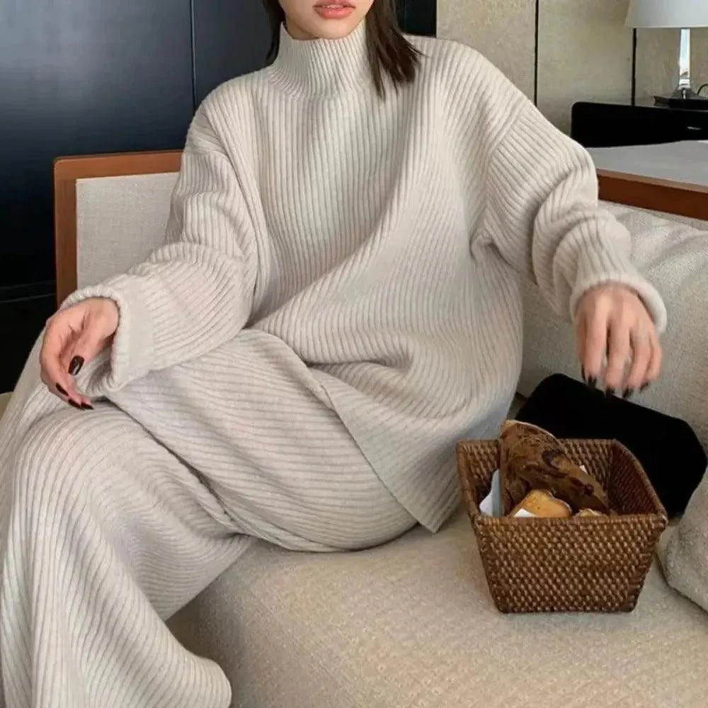 MS018 2 Piece Outfits Casual Loose Turtleneck Long Sleeve Knit Top and Wide Leg Pants - Image 11