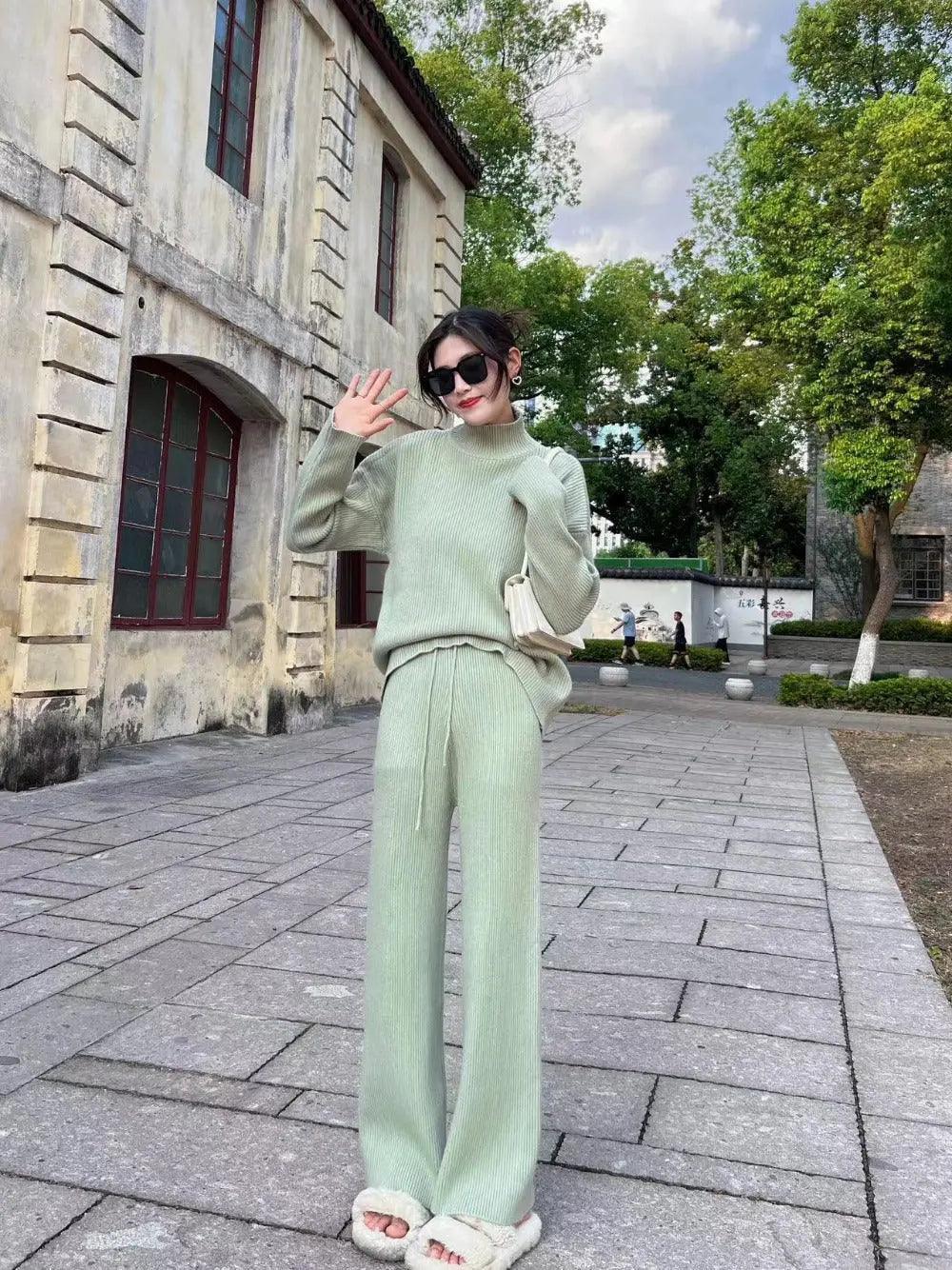 MS018 2 Piece Outfits Casual Loose Turtleneck Long Sleeve Knit Top and Wide Leg Pants - Image 14