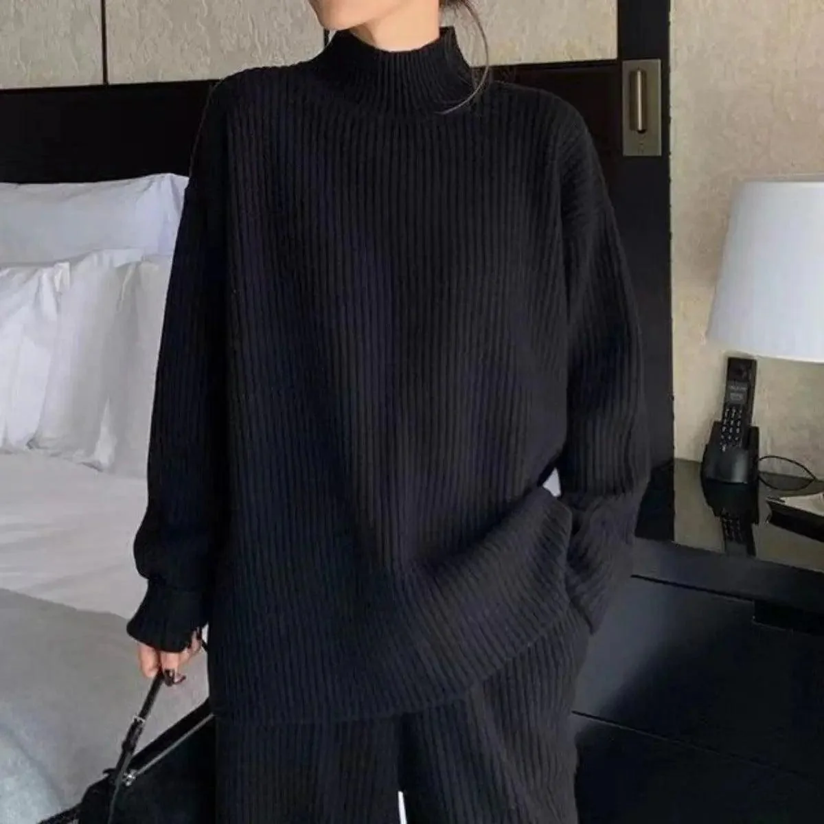 MS018 2 Piece Outfits Casual Loose Turtleneck Long Sleeve Knit Top and Wide Leg Pants - Image 3