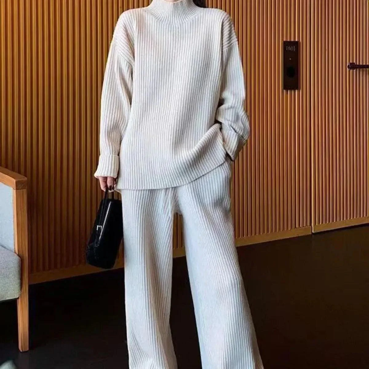 MS018 2 Piece Outfits Casual Loose Turtleneck Long Sleeve Knit Top and Wide Leg Pants - Image 4