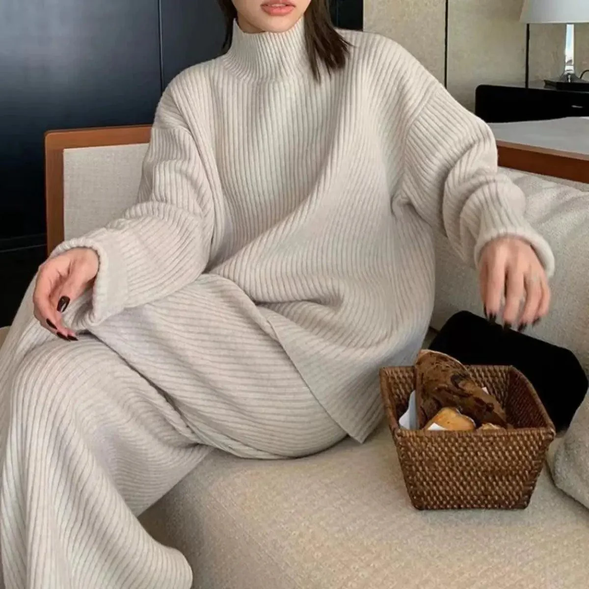MS018 2 Piece Outfits Casual Loose Turtleneck Long Sleeve Knit Top and Wide Leg Pants - Image 6