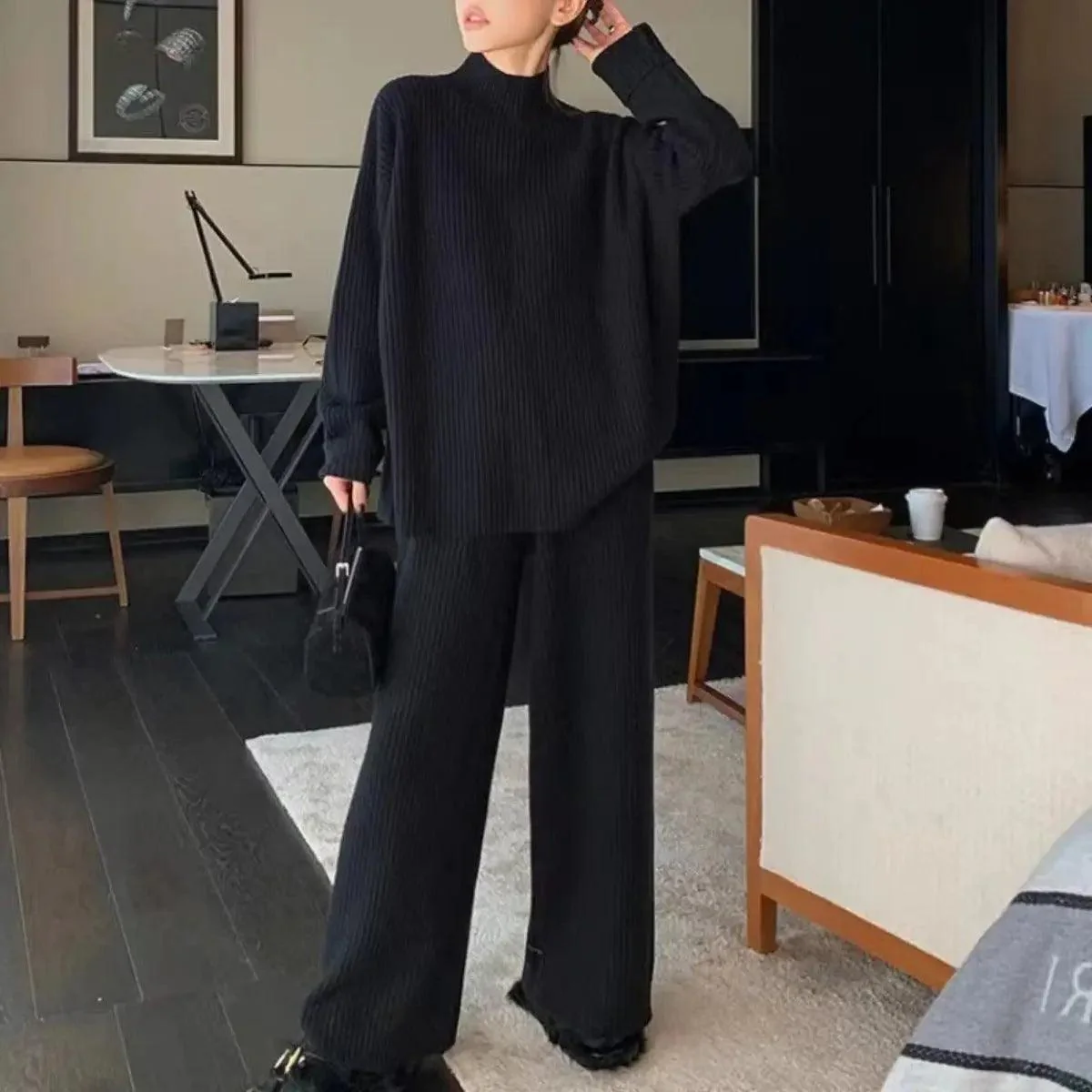 MS018 2 Piece Outfits Casual Loose Turtleneck Long Sleeve Knit Top and Wide Leg Pants - Image 7