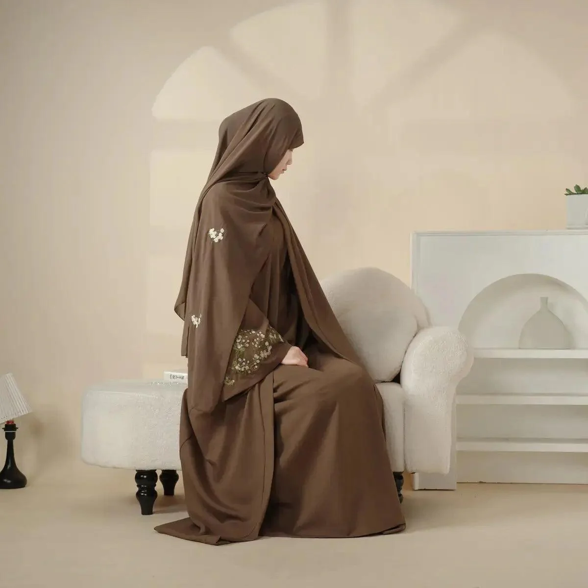 Olive Branch Embroidered Linen Abaya Set With Matching Belt & Hijab (MOA037) - Image 14