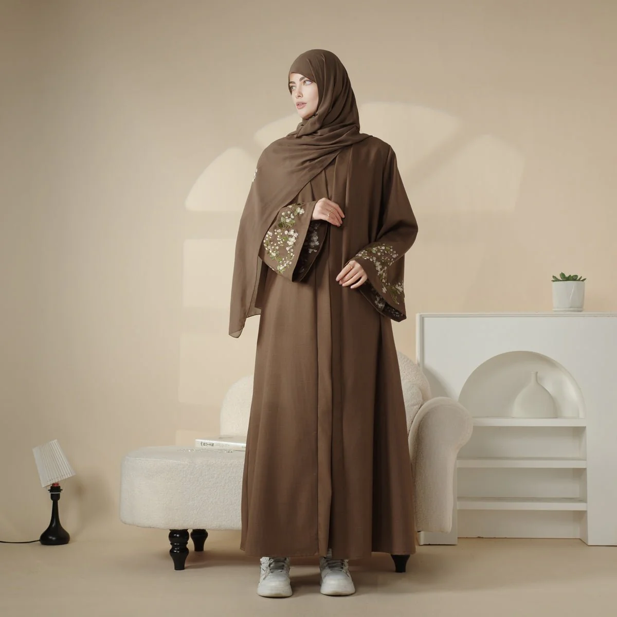 Olive Branch Embroidered Linen Abaya Set With Matching Belt & Hijab (MOA037) - Image 15